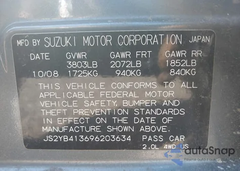2009 Suzuki Sx4 Technology from USA, damaged, VIN JS2YB413696203634